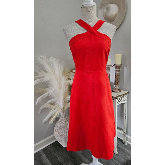 Ann Taylor Red Sleeveless Halter A-Line Blend Linen Midi Dress Size 4P NWT - Picture 7 of 7